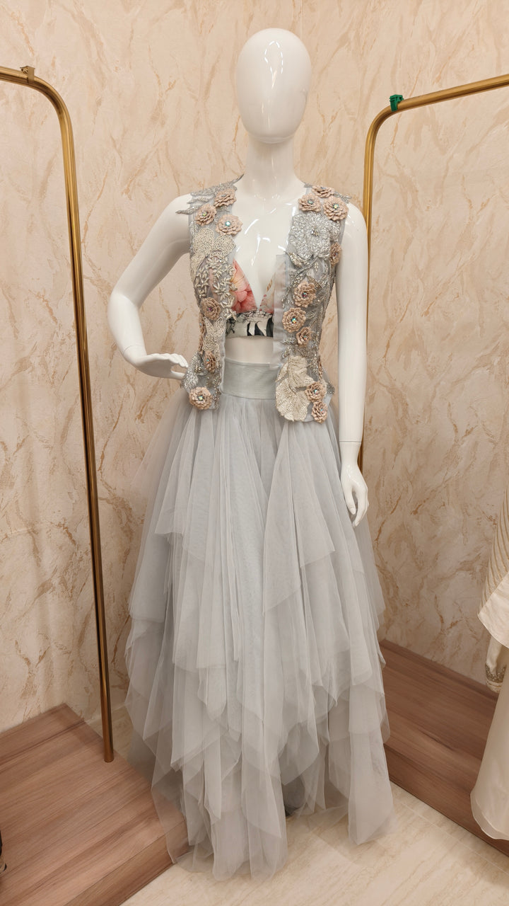 Ethereal Powder Blue Layered Skirt Set with Embellished Jacket |VARUN BAHL