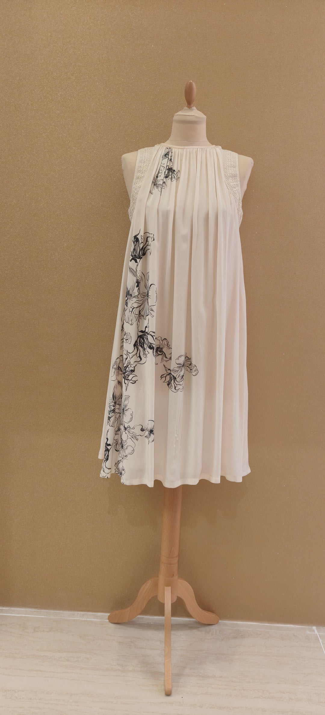 Off-White & Black Floral Pleated Dress|VARUN BAHL