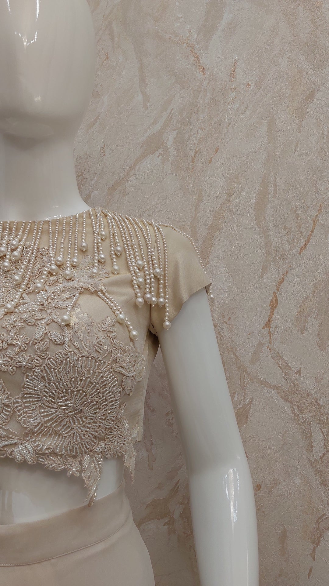 Nude Beige Pearl-Embellished Top & Flared Pants with Cape |VARUN BAHL