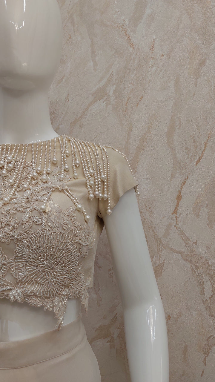 Nude Beige Pearl-Embellished Top & Flared Pants with Cape |VARUN BAHL
