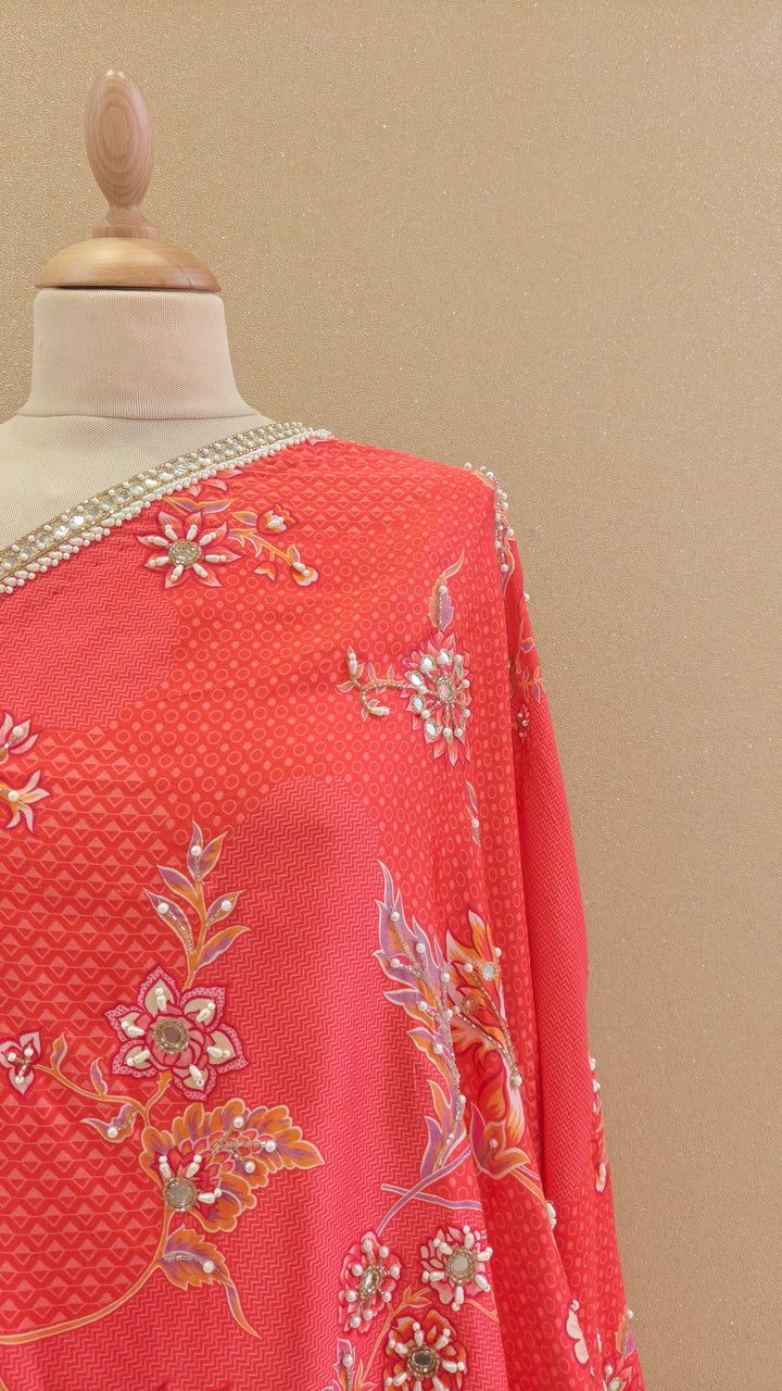 Coral-Pink Embellished Asymmetric Top with Matching Pants | SILK SAGA