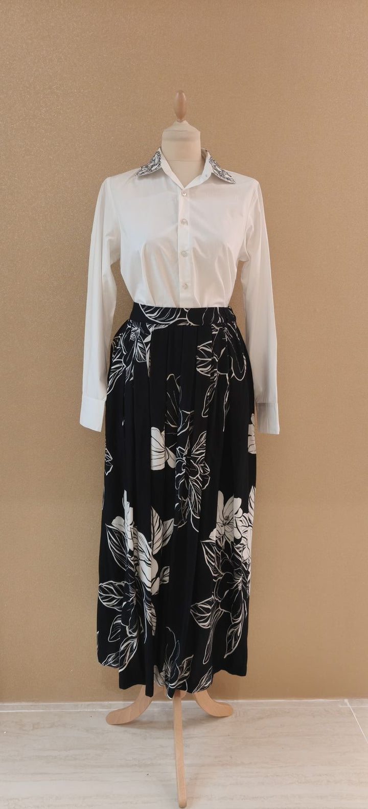 White Shirt & Black Floral Skirt Set|VARUN BAHL
