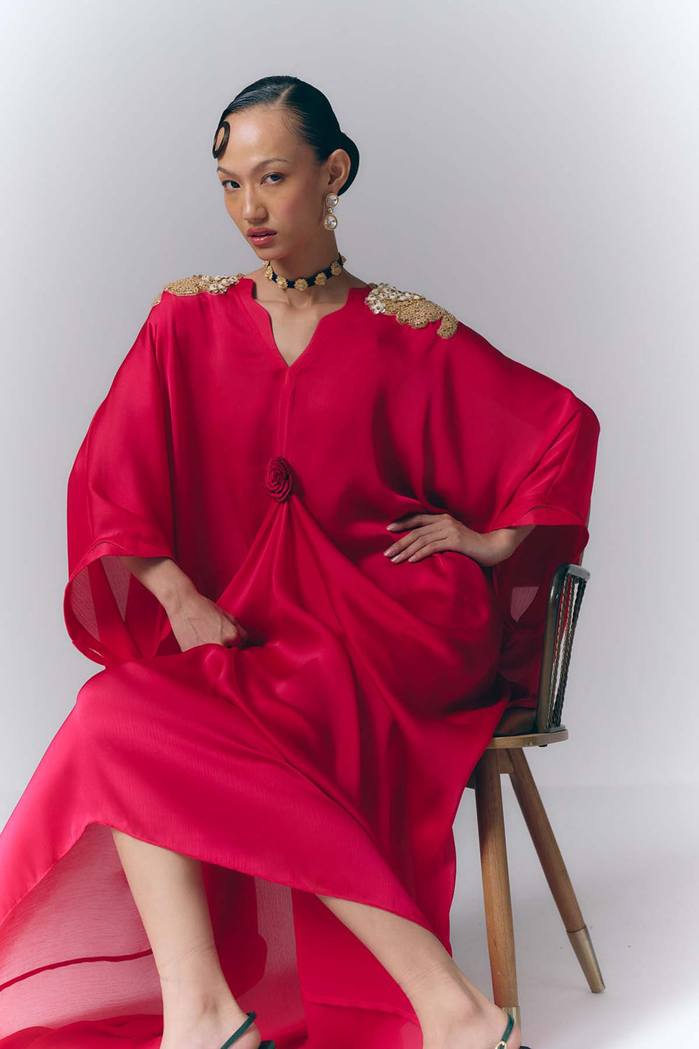 Rani Pink Applique Draped Kaftan|VARUN BAHL