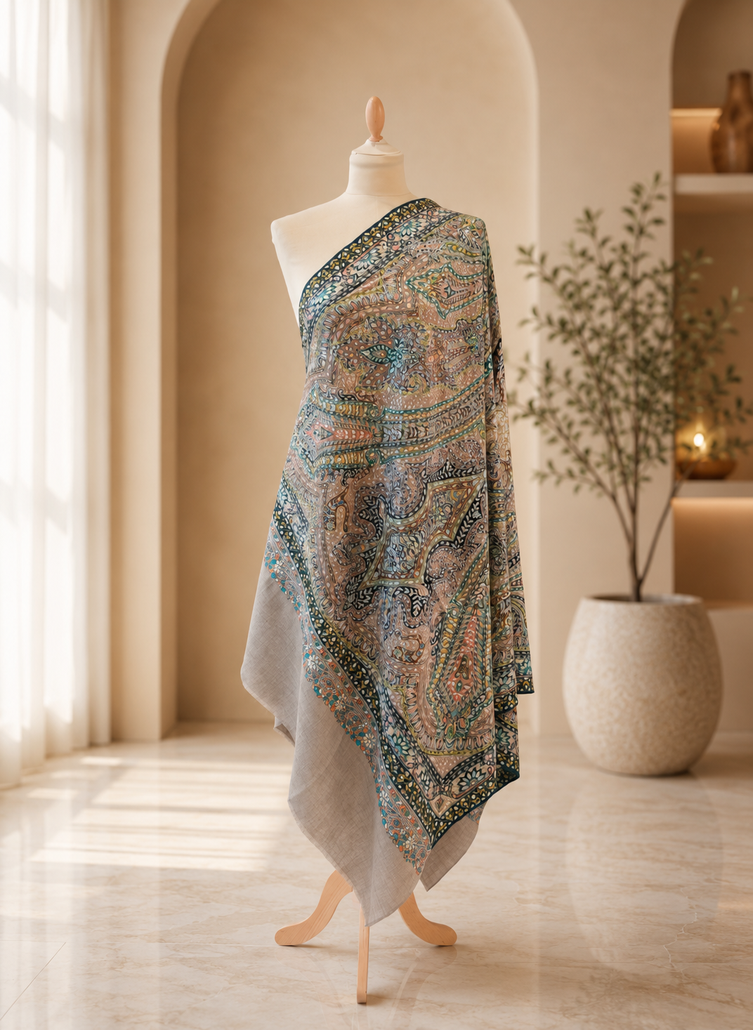Royal Sozni Hand-Embroidered Jamawar Shawl in Earthy Tones|House Of Inaayat