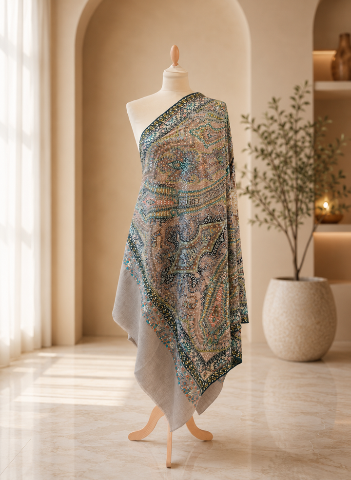 Royal Sozni Hand-Embroidered Jamawar Shawl in Earthy Tones|House Of Inaayat