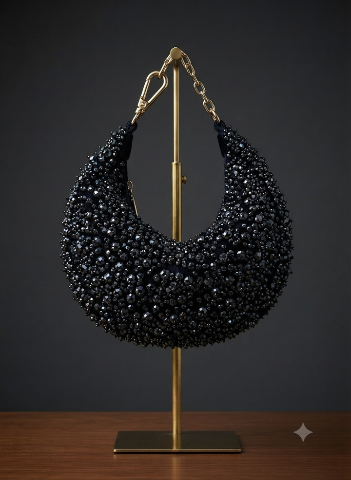 Exquisite Midnight Blue Beaded Crescent Handbag| Al Falah