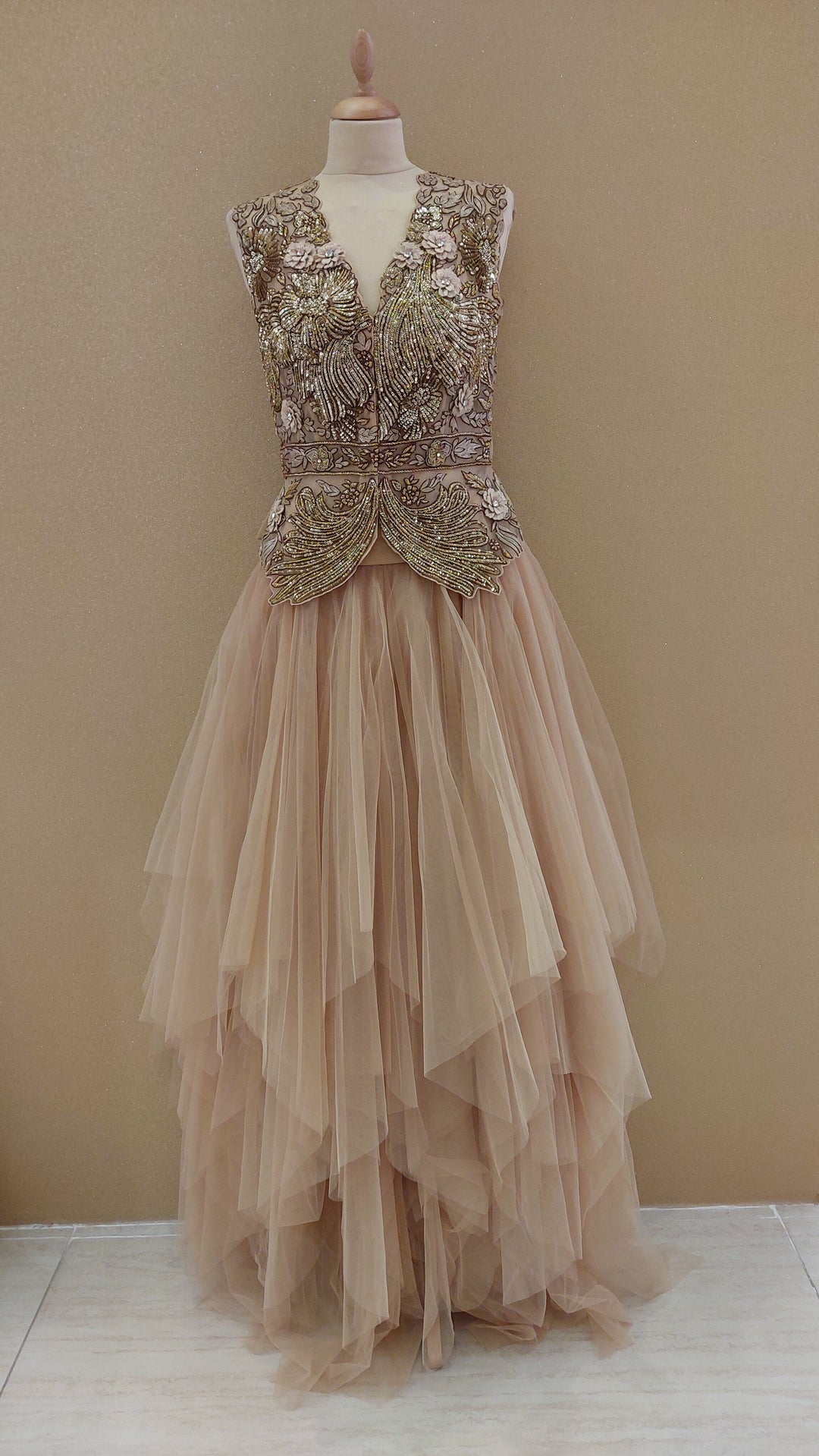 Champagne Gold Embroidered Peplum & Tiered Net Skirt Set|VARUN BAHL