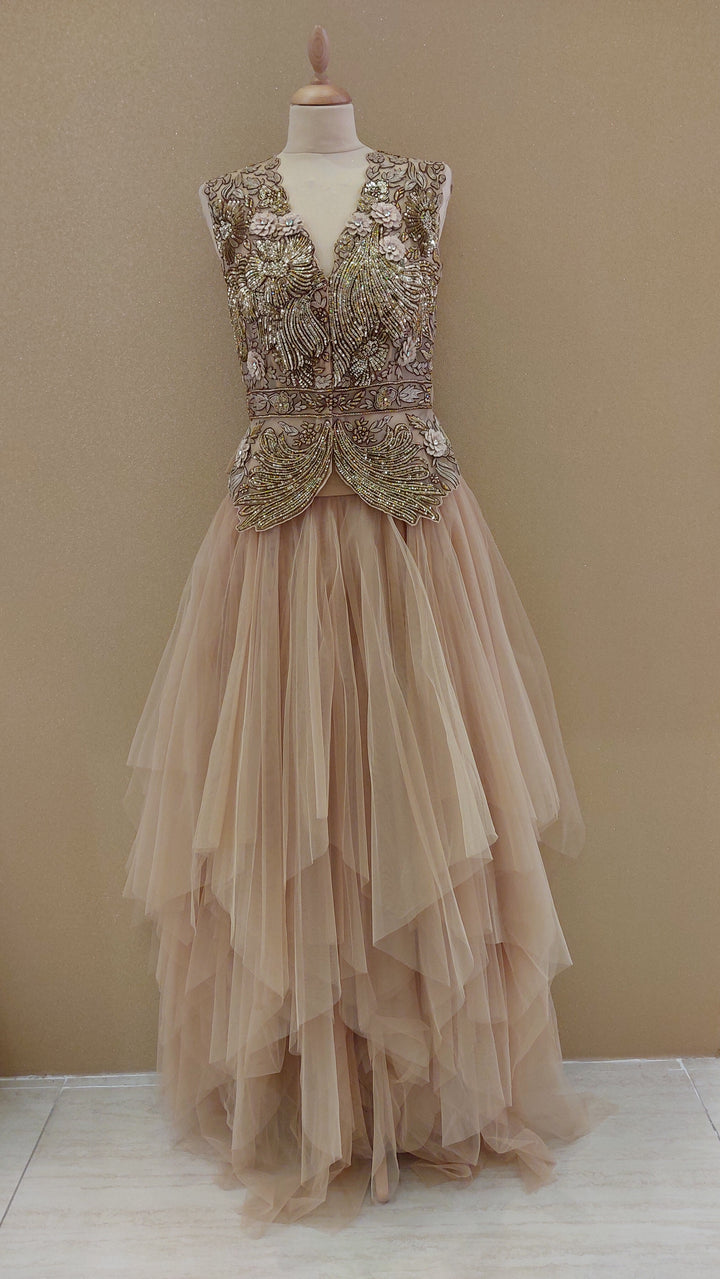 Champagne Gold Embroidered Peplum & Tiered Net Skirt Set|VARUN BAHL