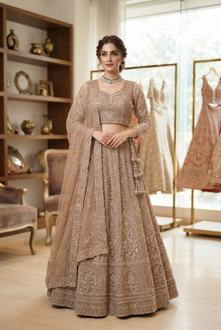 Shagun Metallic Mocha Beaded Sequins Lehenga | Inaayat by Divya Taimni