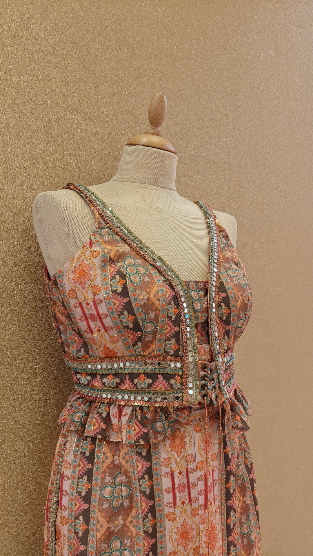 Rust Printed Frill Top with Mirror Work & Straight Pants| Private Collection