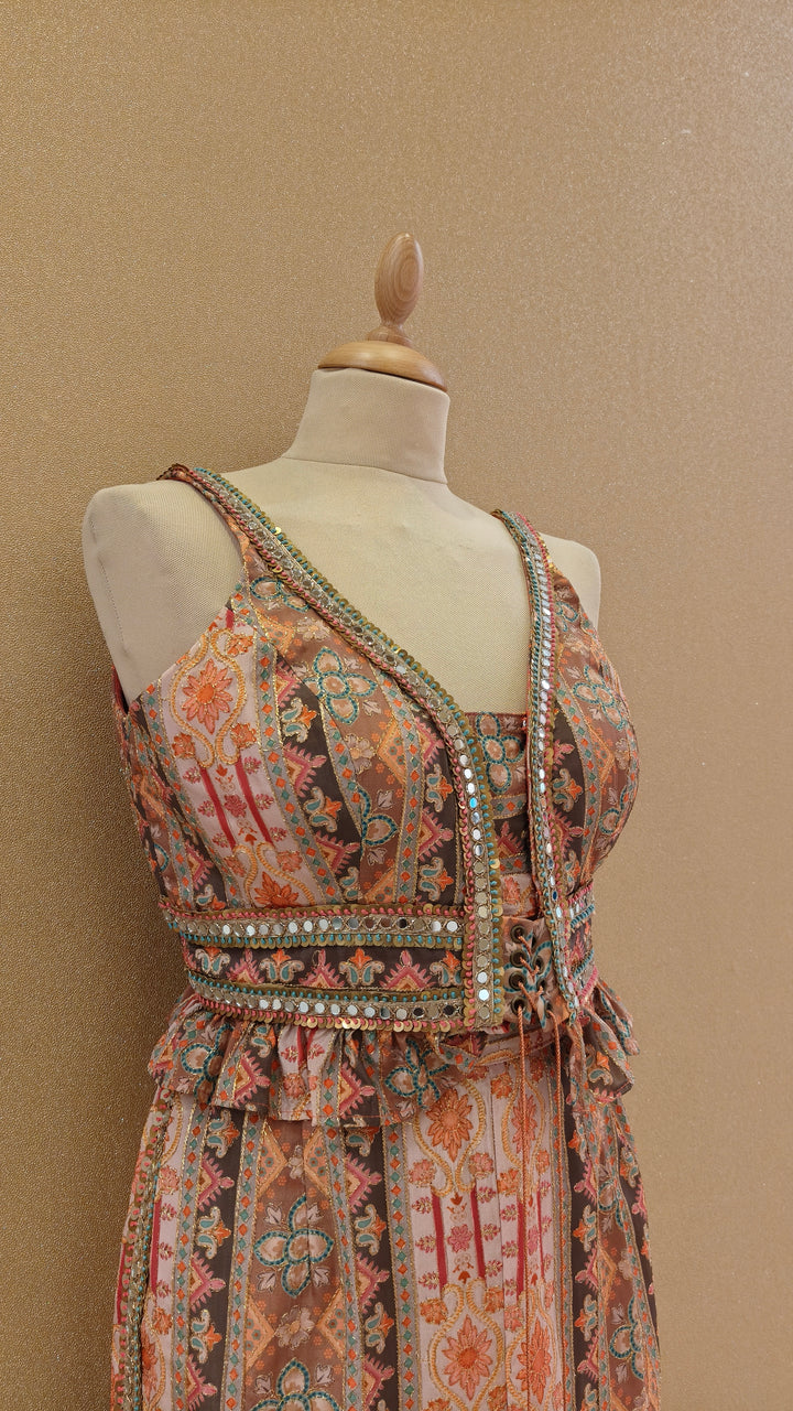 Rust Printed Frill Top with Mirror Work & Straight Pants| Private Collection