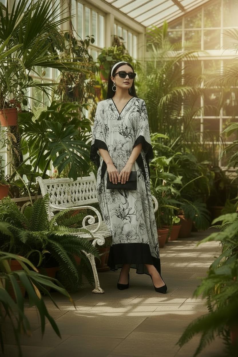Black & White Floral Print Kaftan |VARUN BAHL