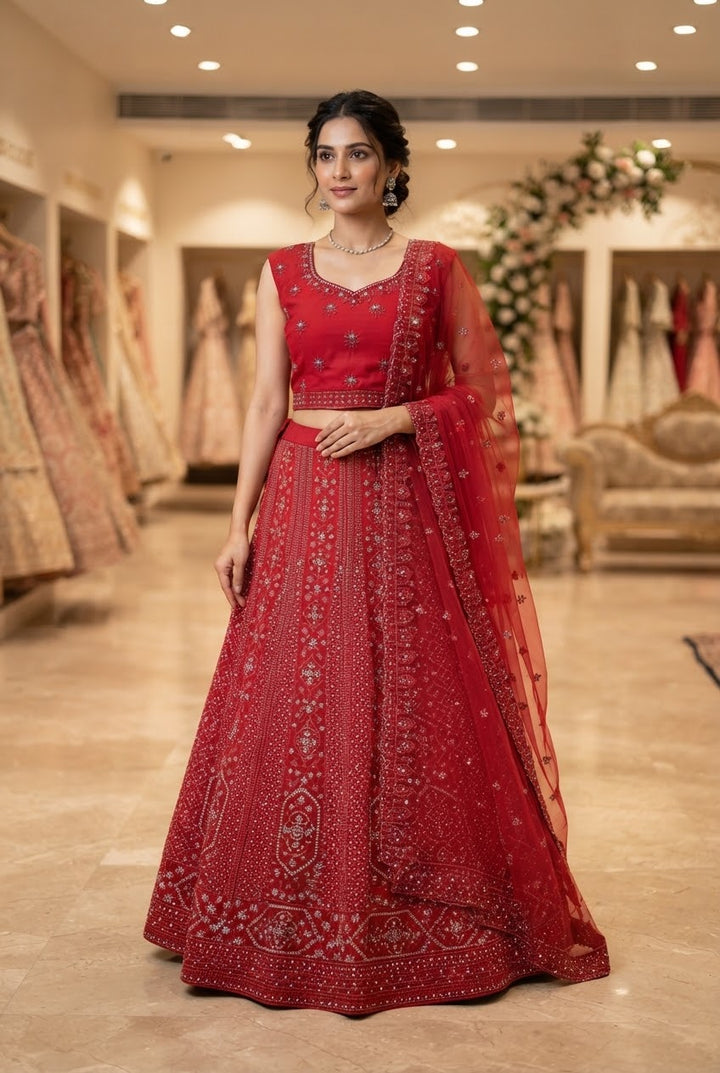Shagun Cherry Red with Rhinestone Lehenga (Unstitched)| Inaayat by Divya Taimni