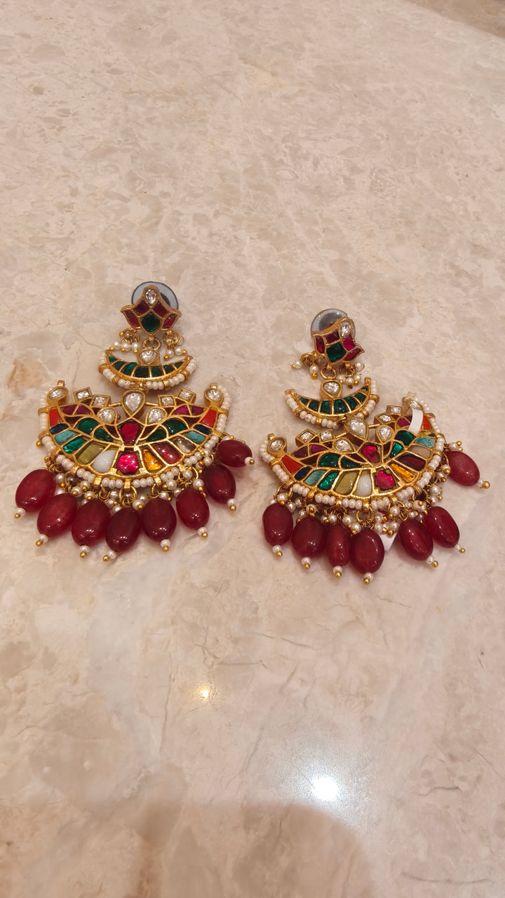 Meenakari & Kundan Chandbali Earrings with Bead Drops|Vivinia by Vidhi Mehra
