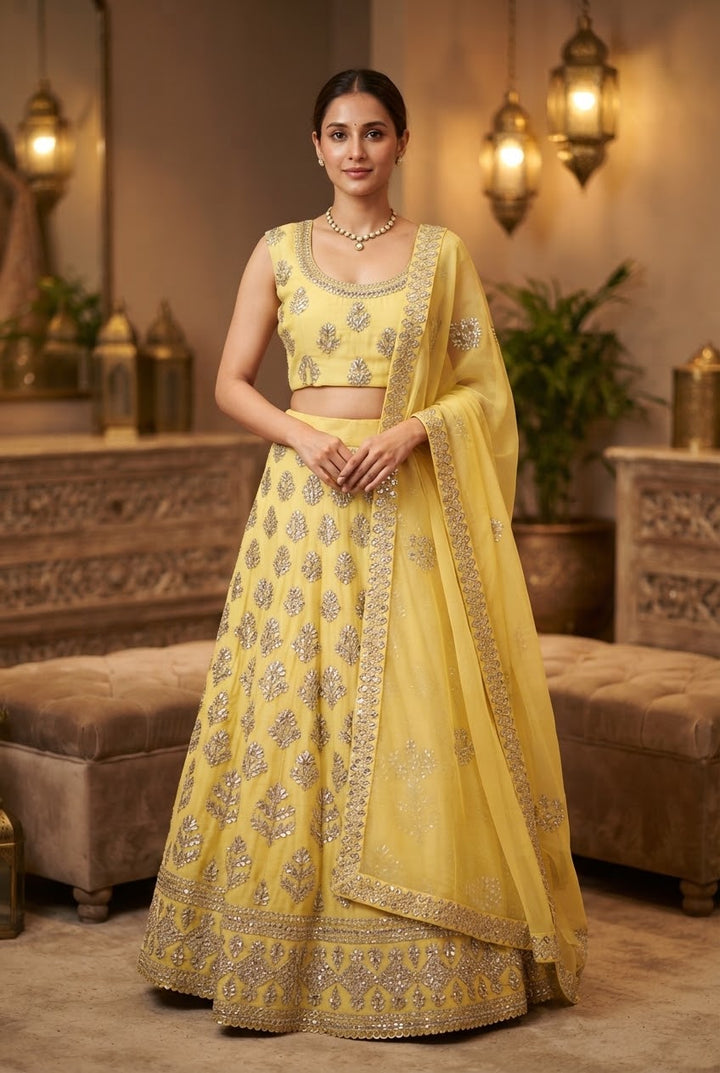 Shagun Pastel Yellow Lehenga (Unstitched) | Inaayat by Divya Taimni