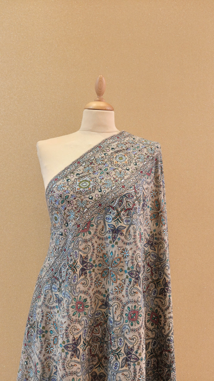 Beige Hand-Embroidered Kashmiri Soojni Shawl|House Of Inaayat
