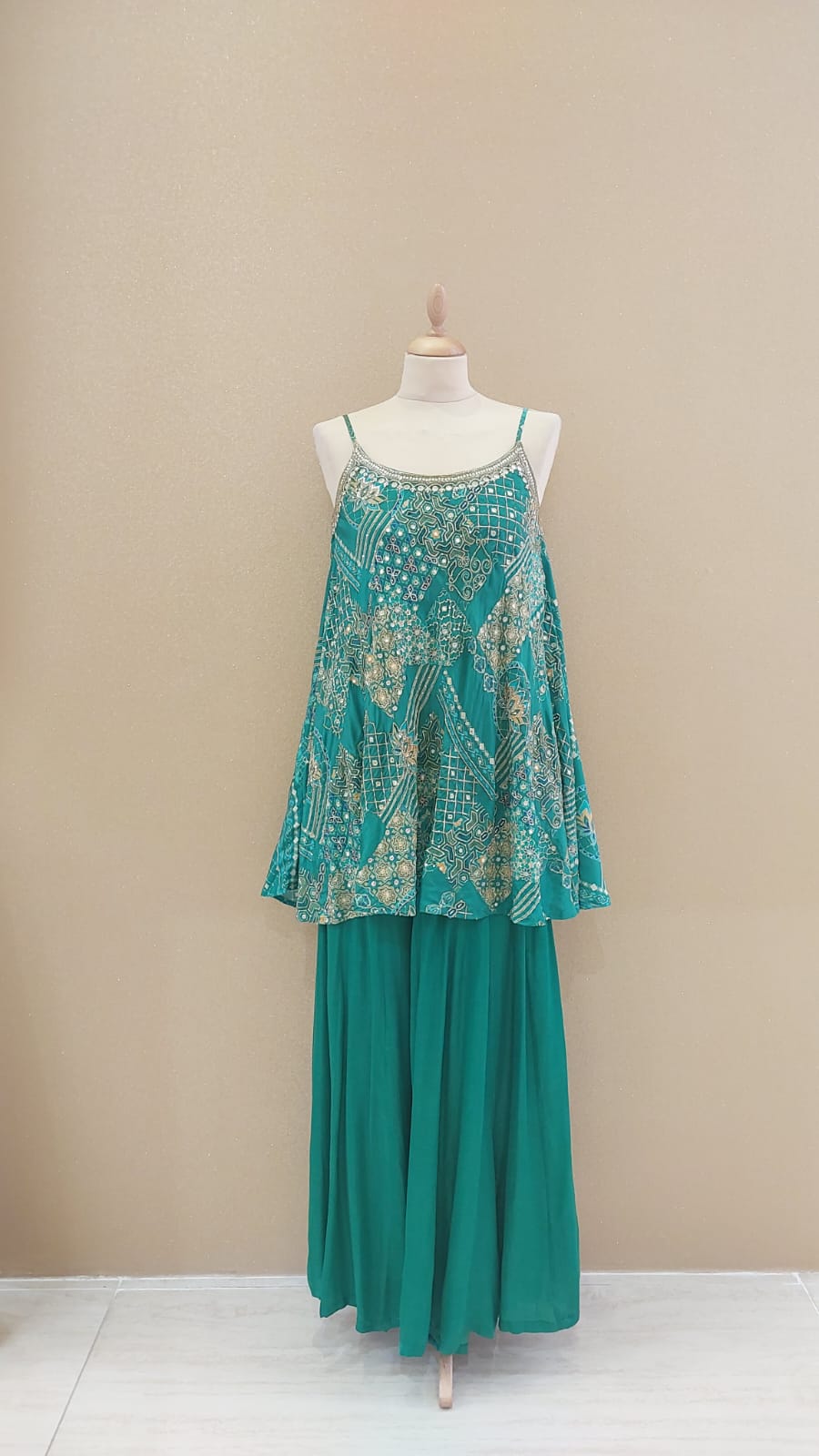 Green Embellished Peplum Top with Matching Sharara Pants and Dupatta| SILK SAGA