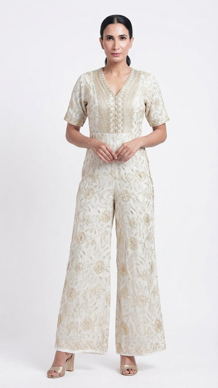 Cream & Gold Jaal Jumpsuit with Belt| Private Collection