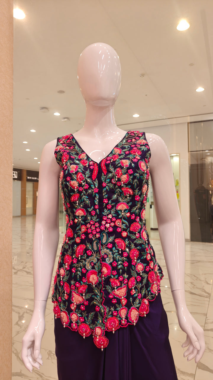 Purple Embellished Peplum Top with Drape Skirt| AURAROZE