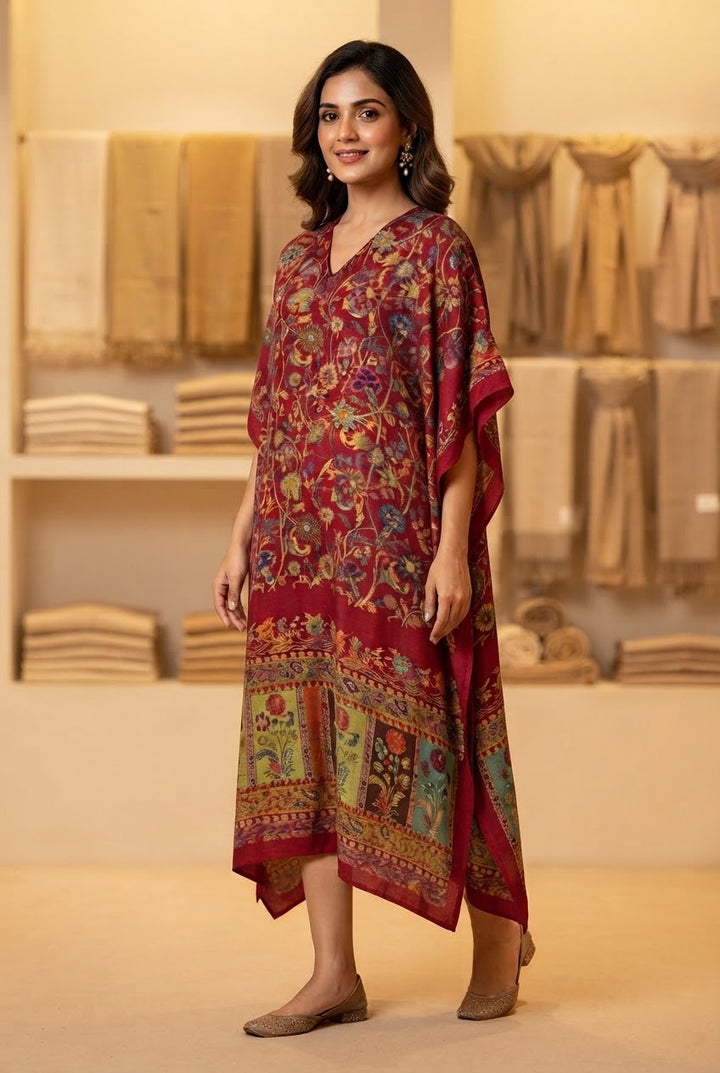 Kimaya Maroon Silk Floral Kaftan