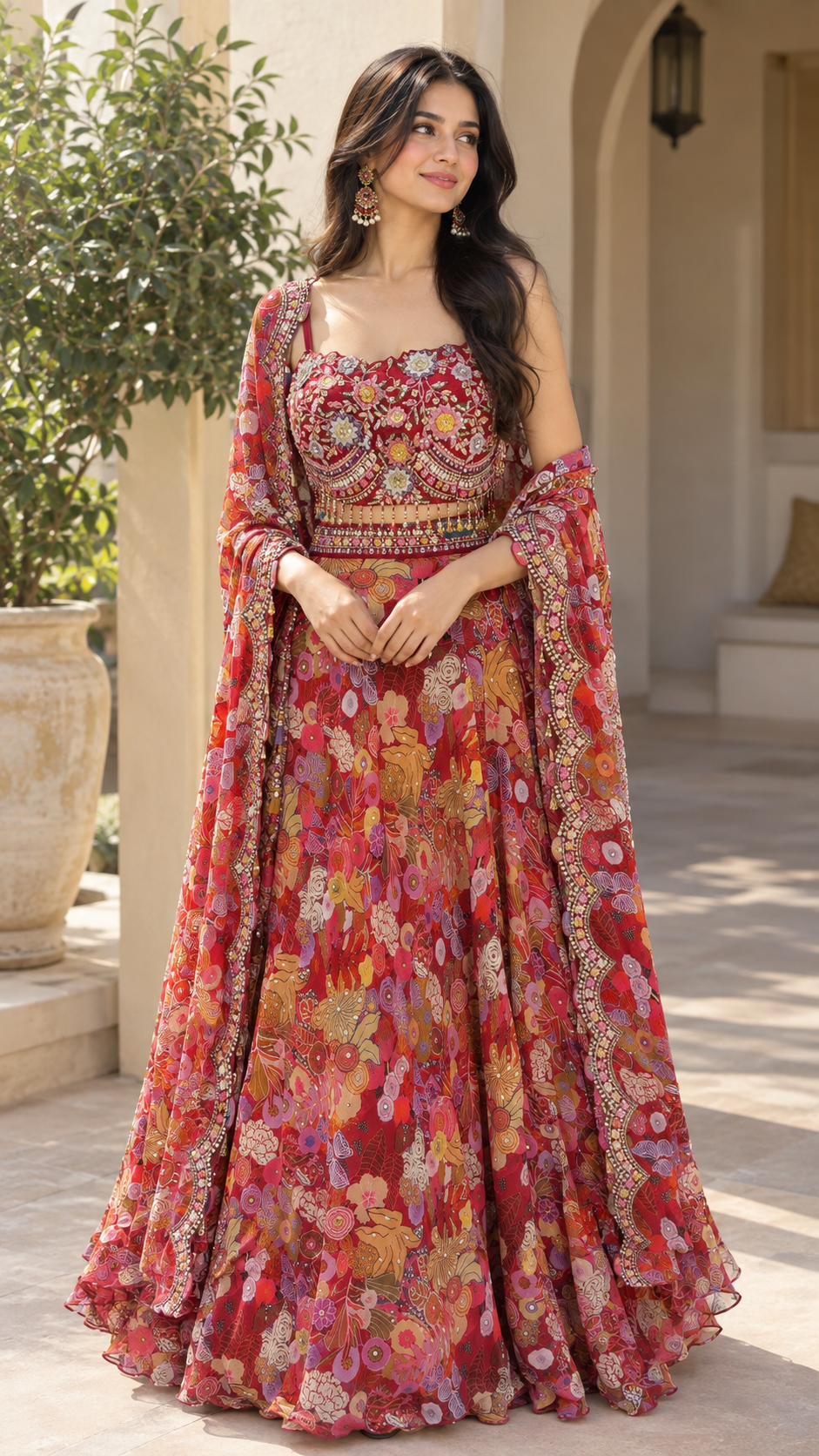 Marina Bohomian Floral Red,Yellow Lehenga and Cape Set | Inaayat by Divya Taimni