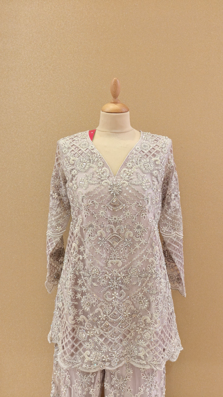 Lilac Net Embroidered Sharara Set| Maya Chabra