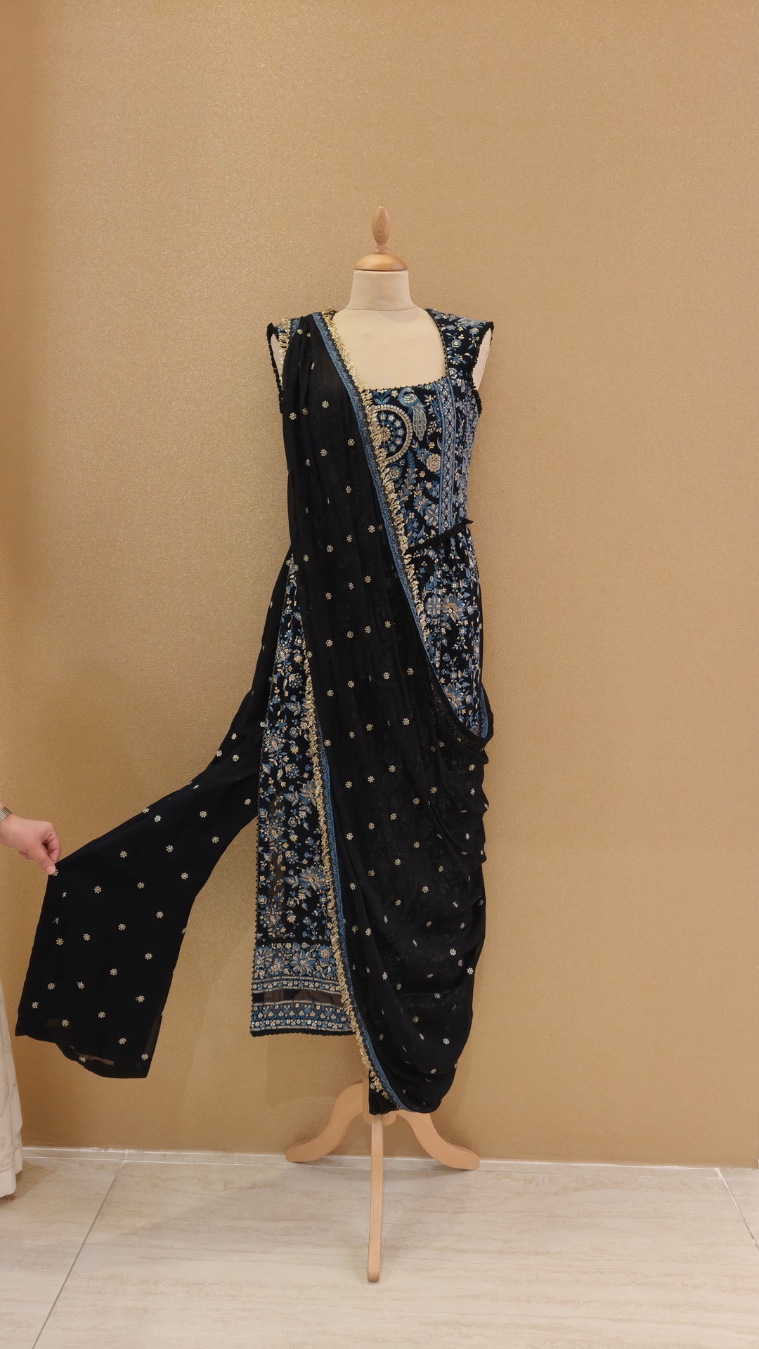 Blue & Beige thread embroidered corsetted kurta with georgette drape & slim slit pants| Private Collection