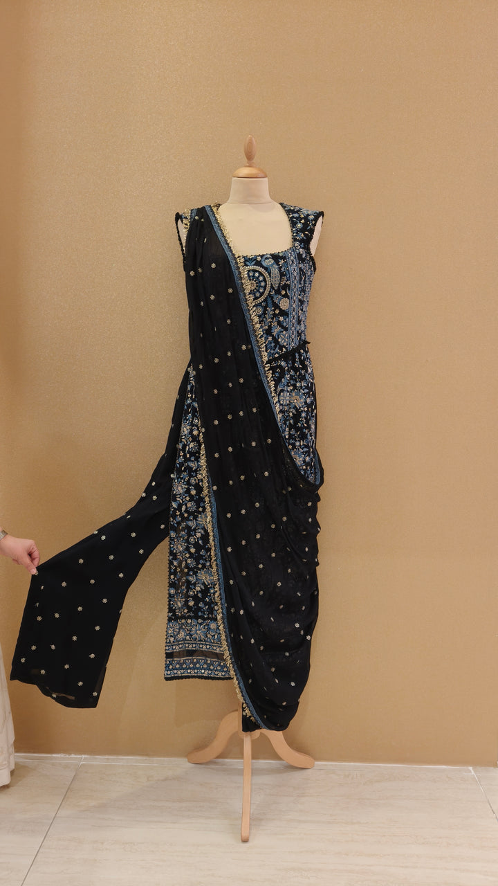 Blue & Beige thread embroidered corsetted kurta with georgette drape & slim slit pants| Private Collection