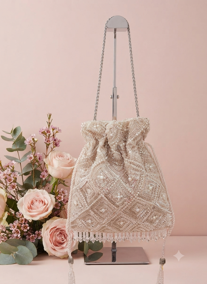 Ivory Beaded and Sequin Handcrafted Potli Bag | Al Falah