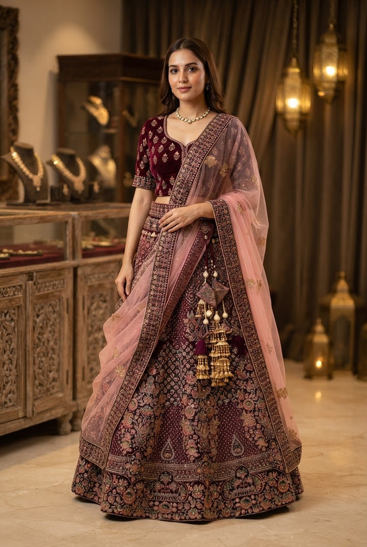 Shagun Wine and Gold Velvet Net Lehenga (Unstitched) | Inaayat by Divya Taimni
