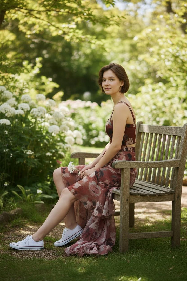 Floral Print Crop Top & High-Low Skirt Set |VARUN BAHL