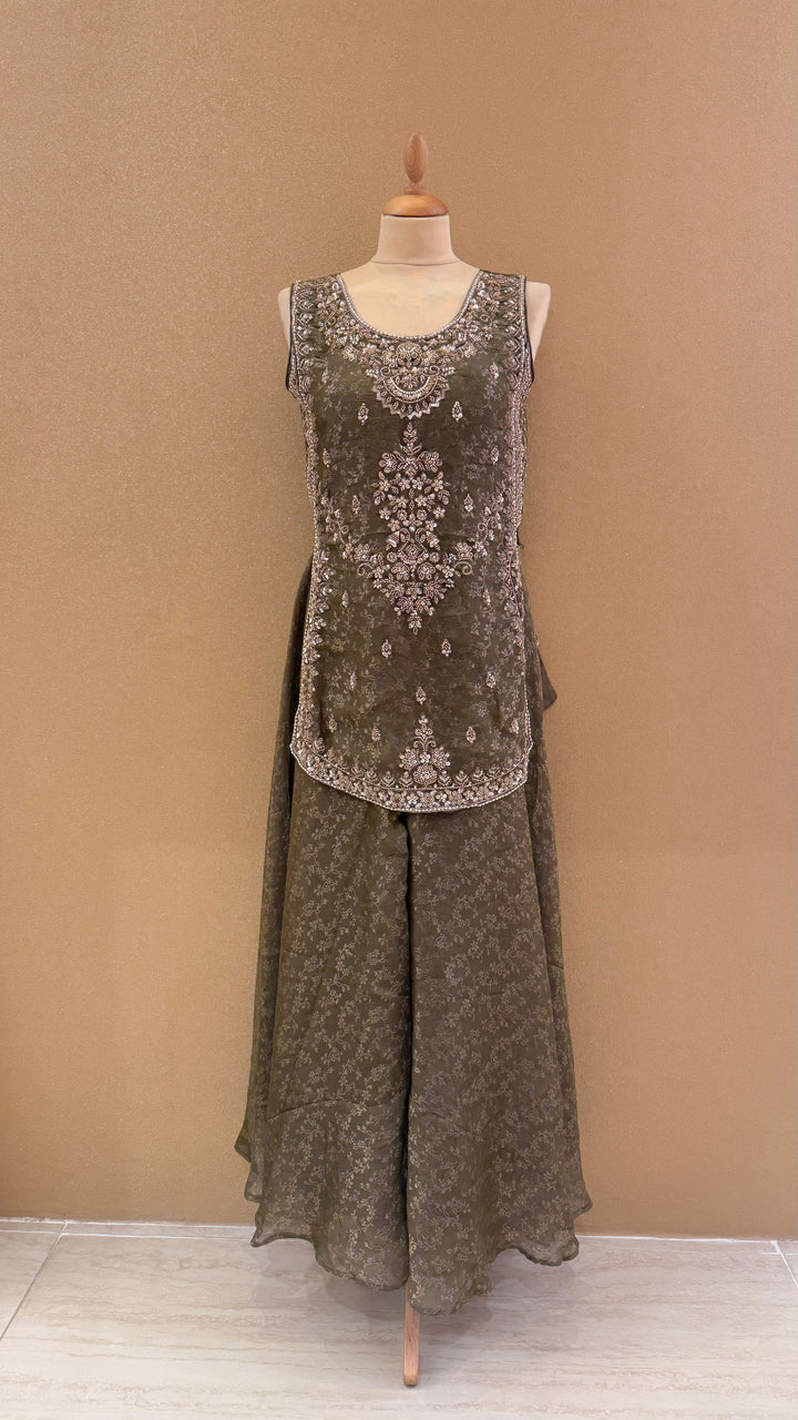 Olive Green Embellished Peplum and Sharara Set| Maya Chabra
