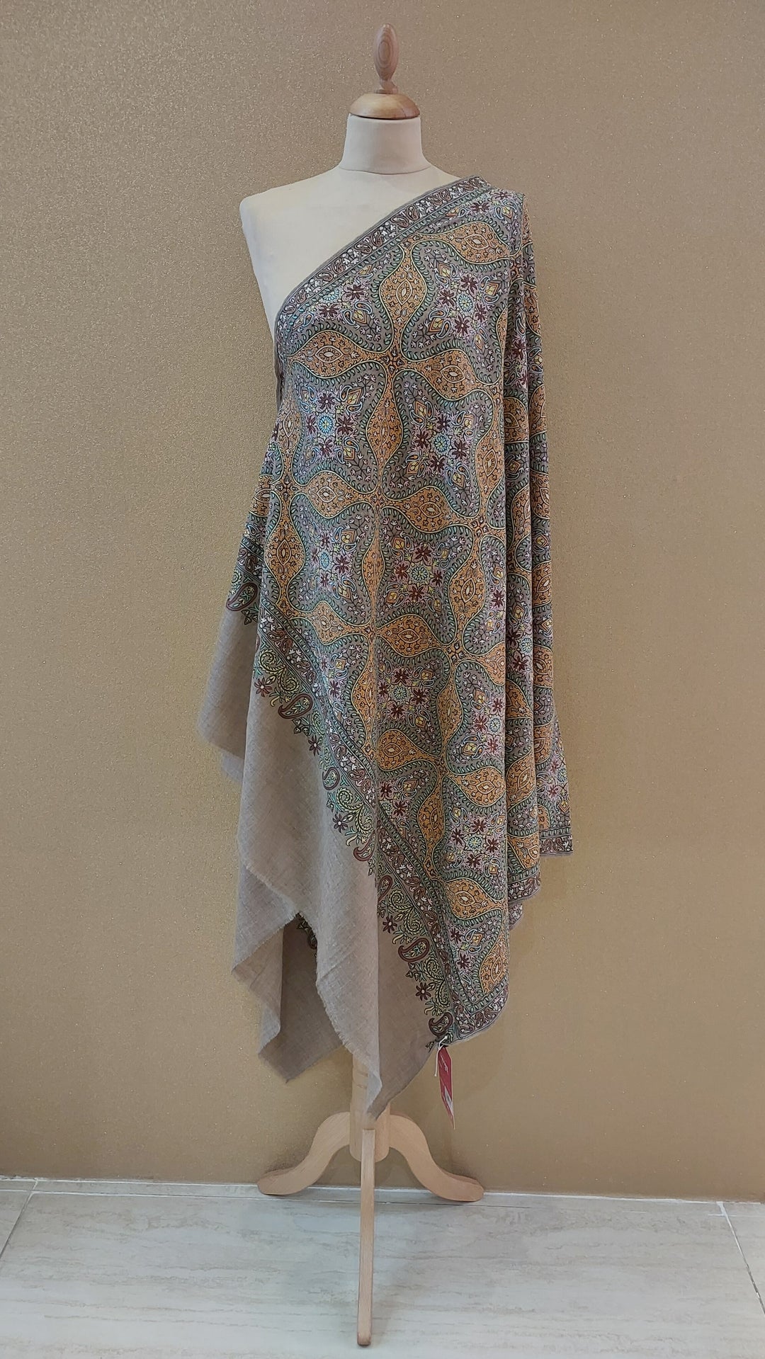 Hand-Embroidered Kashmiri Sozni Jamawar Shawl in Antique Gold & Earthy Tones|AAMIR