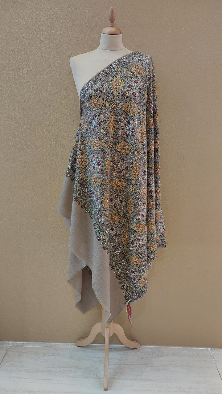 Hand-Embroidered Kashmiri Sozni Jamawar Shawl in Antique Gold & Earthy Tones|AAMIR
