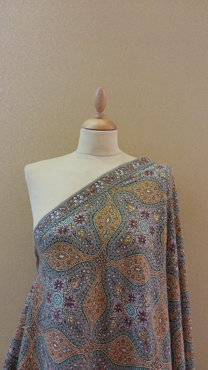 Hand-Embroidered Kashmiri Sozni Jamawar Shawl in Antique Gold & Earthy Tones|AAMIR