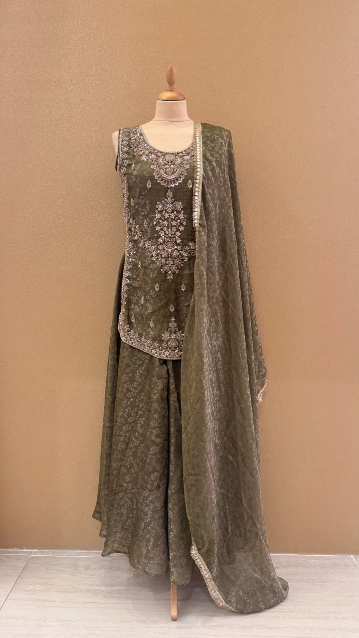 Olive Green Embellished Peplum and Sharara Set| Maya Chabra