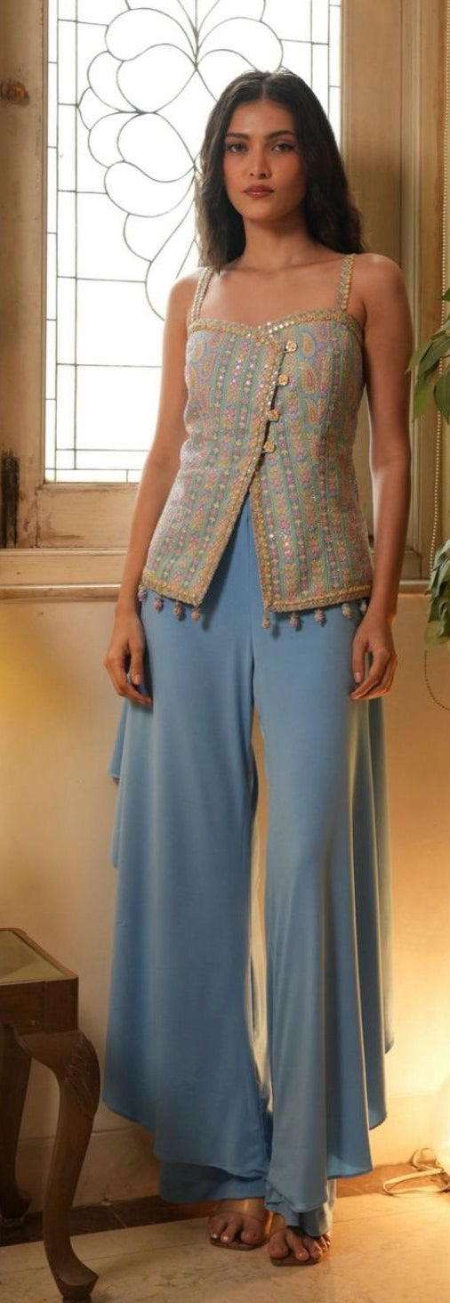 Torquaise Blue Multi Diamond cor-set an asmetrical Sharara| Private Collections