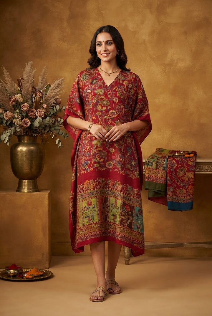 Kimaya Maroon Silk Floral Kaftan