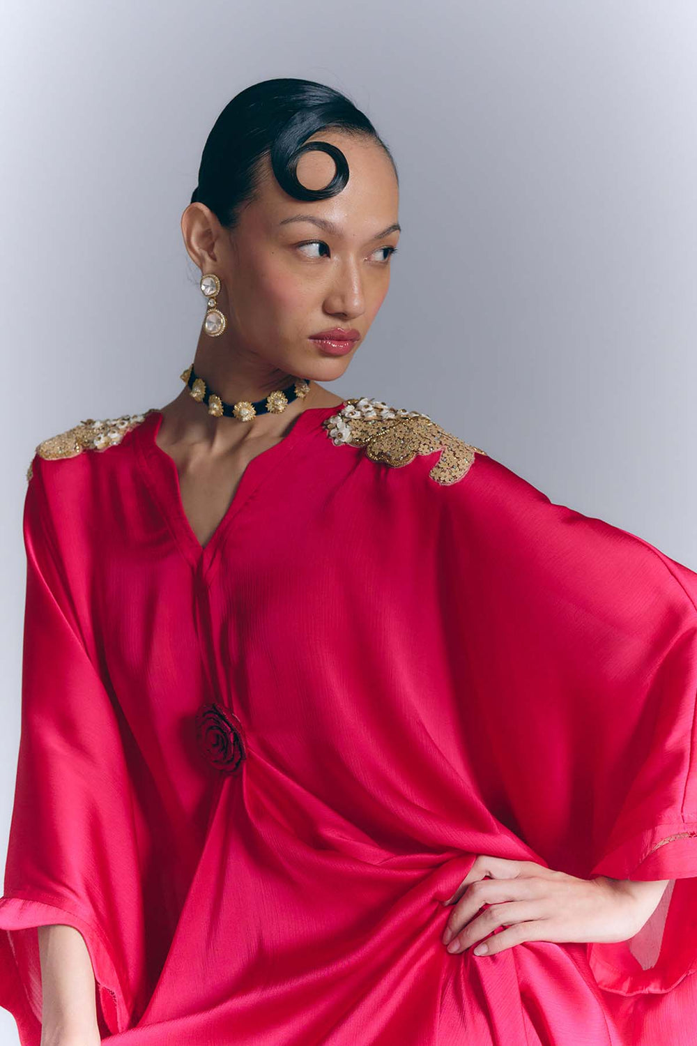 Rani Pink Applique Draped Kaftan|VARUN BAHL