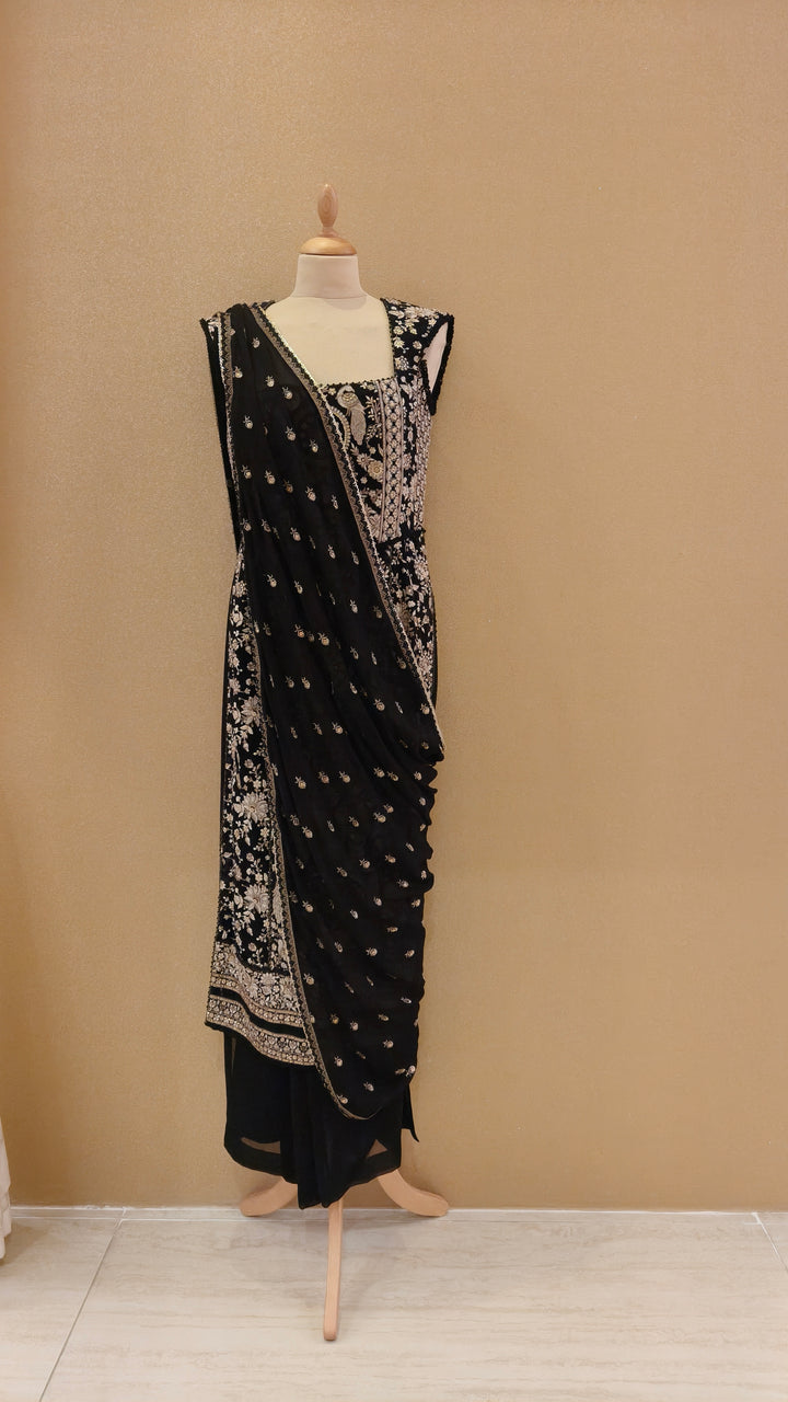 Black & Beige thread embroidered corsetted kurta with georgette drape & slim slit pants| Private Collection