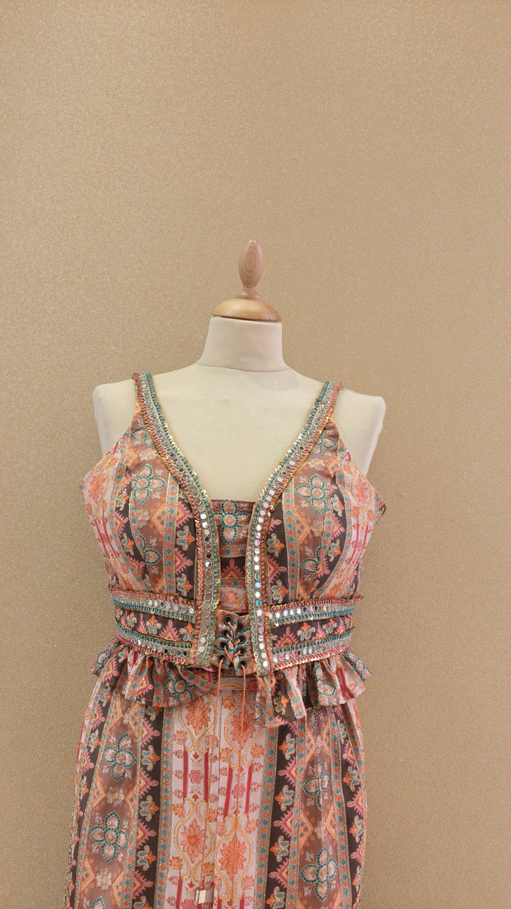 Rust Printed Frill Top with Mirror Work & Straight Pants| Private Collection