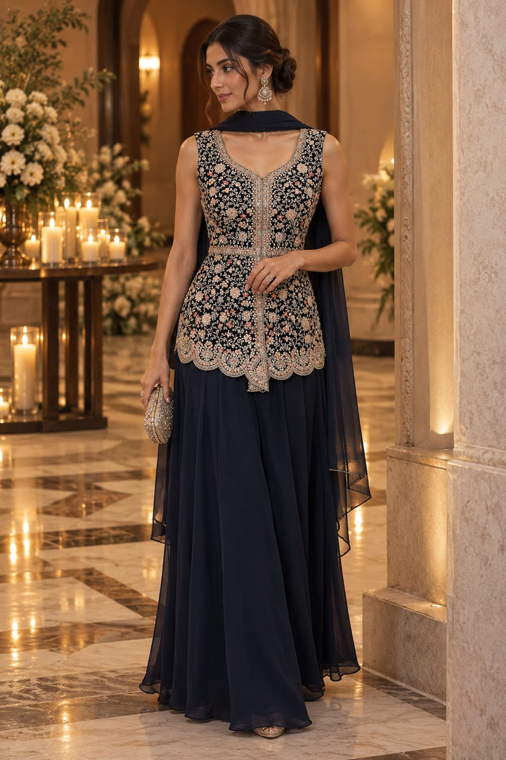 Midnight Blue Embroidered Peplum Top and Flared Straight Pants Set| Maya Chabra