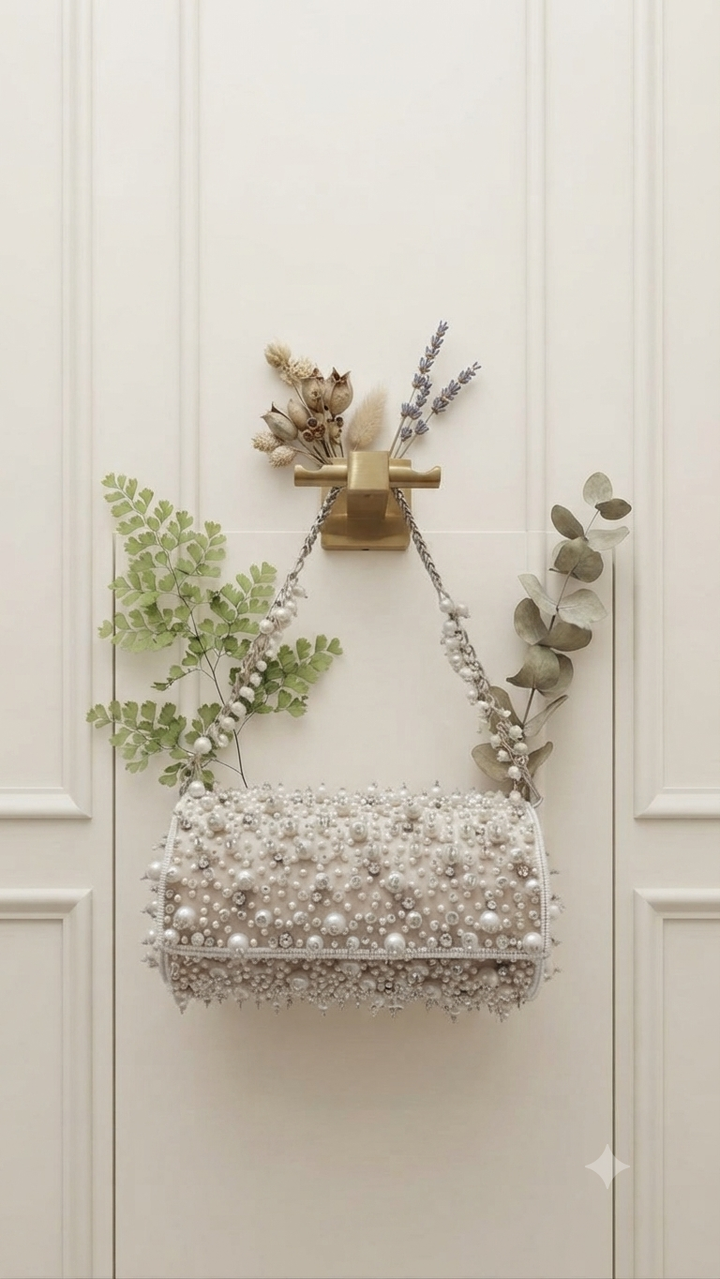 Ivory Pearl & Crystal Embellished Cylinder Clutch| Al Falah