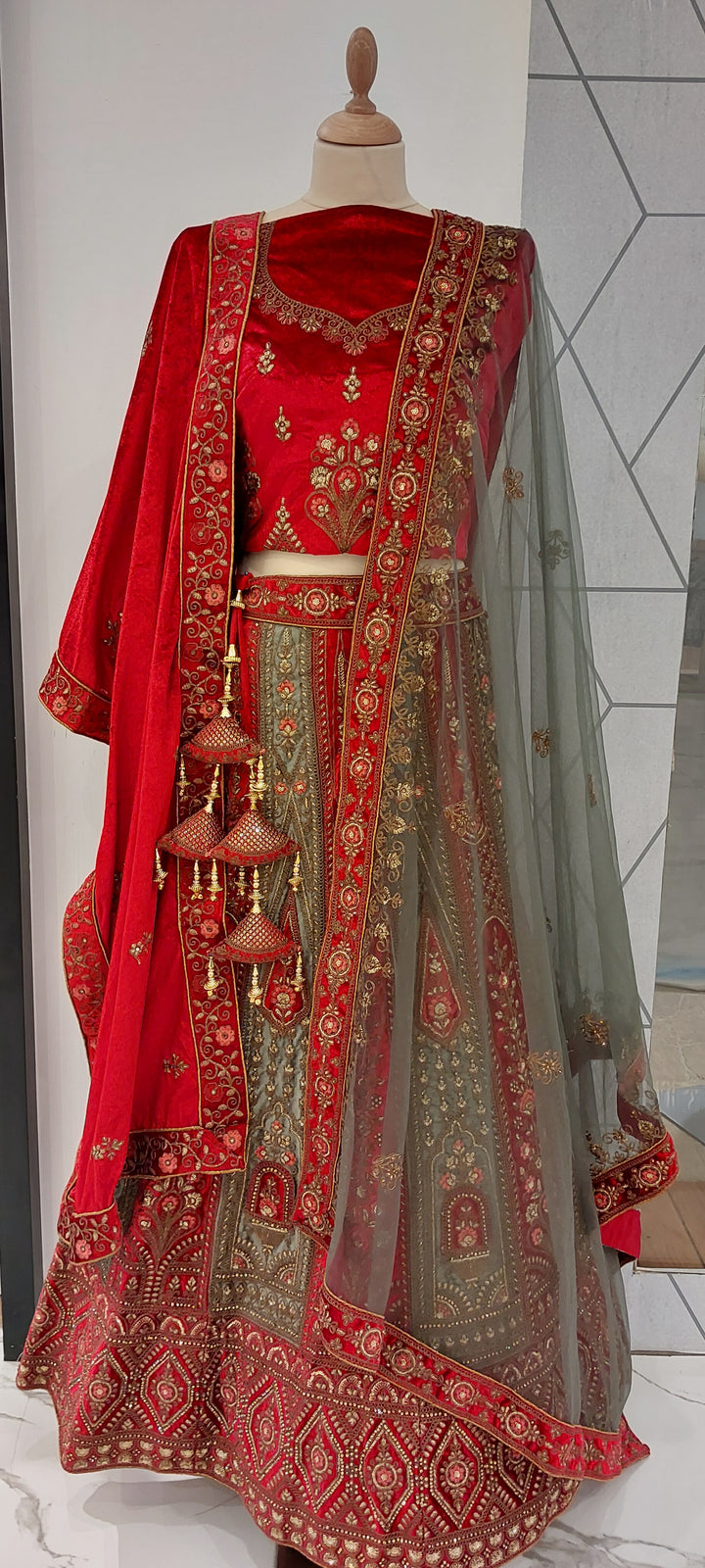 Royal Crimson & Olive Velvet Zardozi Bridal Lehenga Set  Inaayat by Divya Taimni