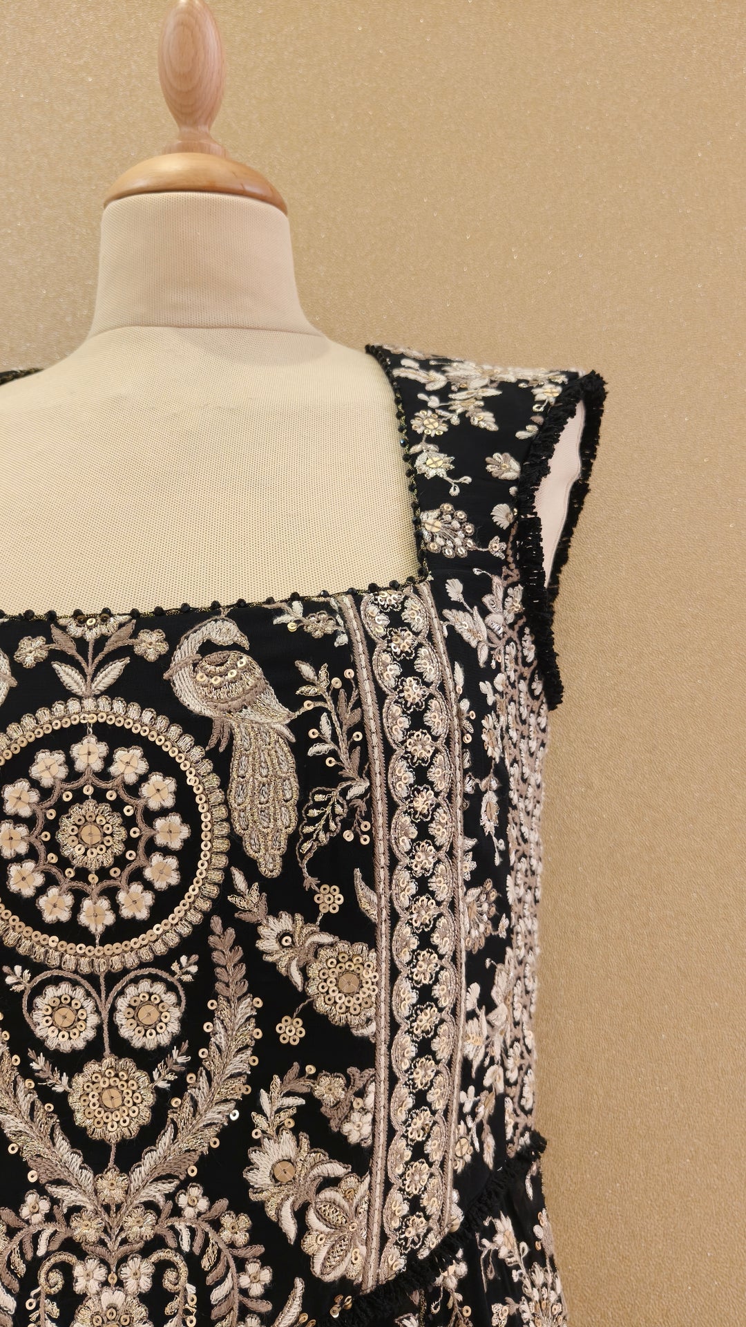 Black & Beige thread embroidered corsetted kurta with georgette drape & slim slit pants| Private Collection