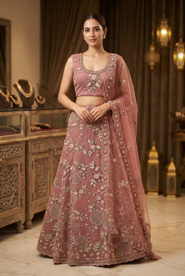 Dusty Rose Floral Embroidered Lehenga Set | Inaayat by Divya Taimni