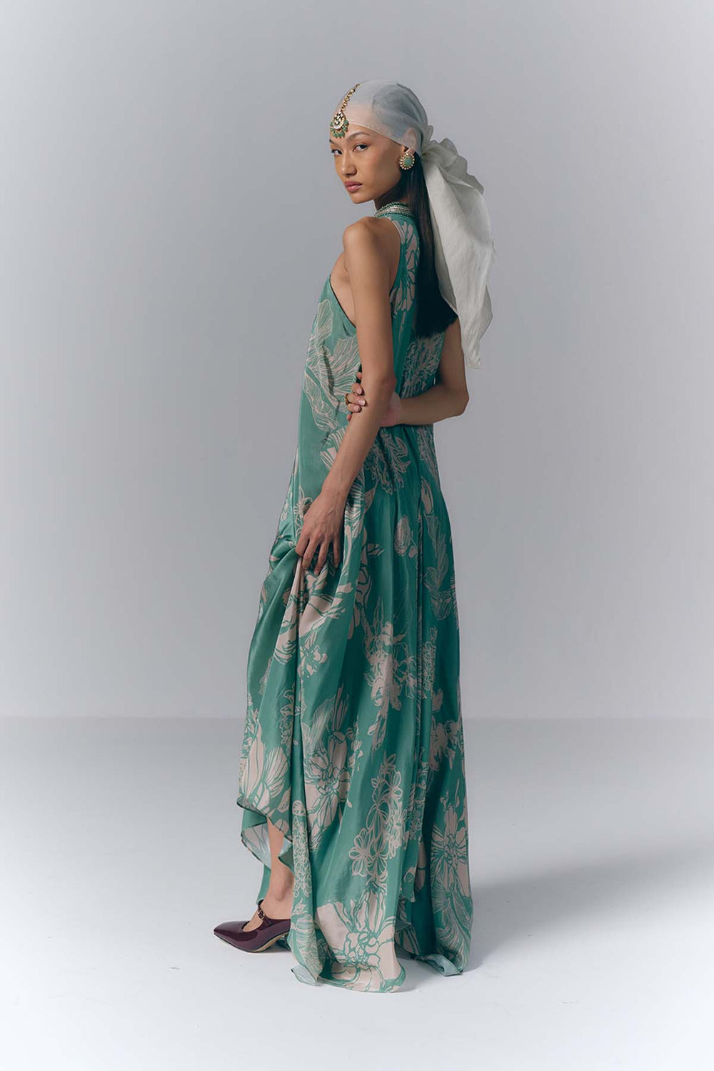 Aqua Whisper printed Long Dress|VARUN BAHL