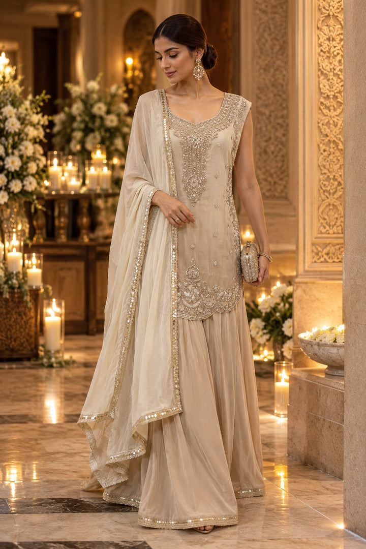 Ivory Gold Embellished Kurti and Gharara set| Maya Chabra