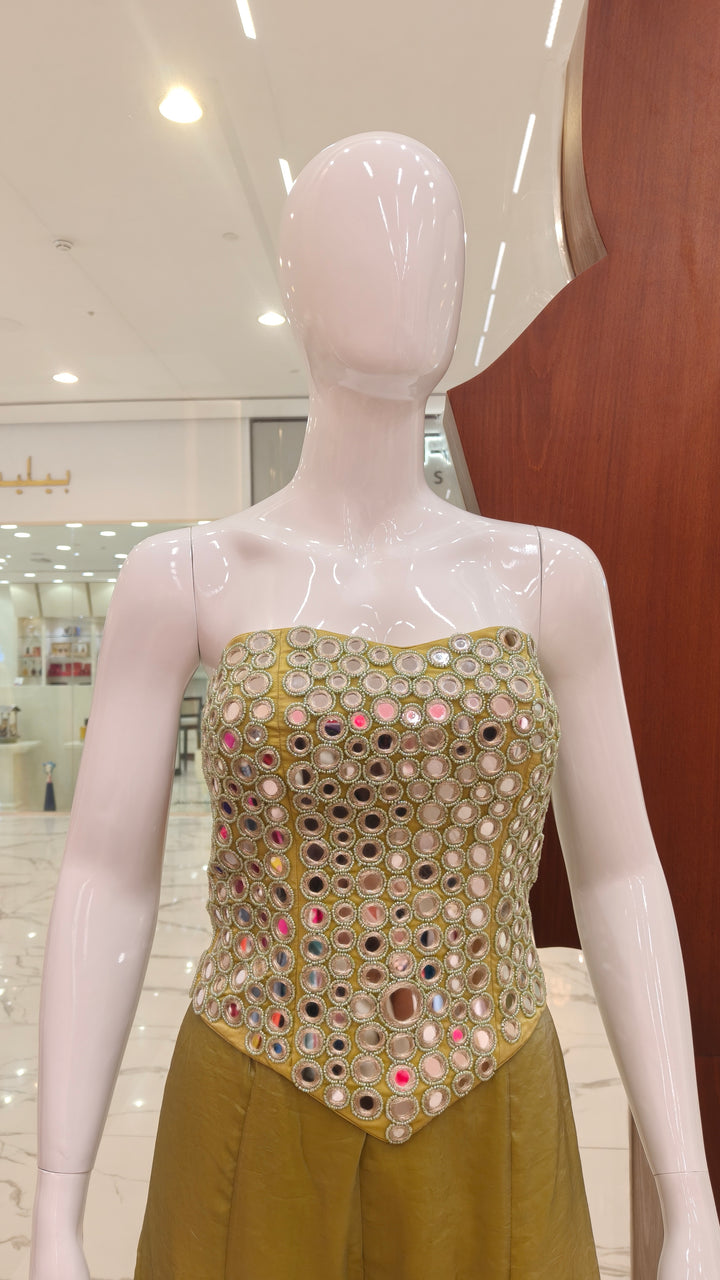 Green Two-Tone Embellished Corset with Pants | AURAROZE