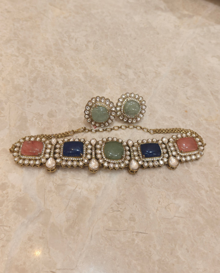 Multicolour Gemstone Kundan Choker Necklace Set| Vivinia by Vidhi Mehra
